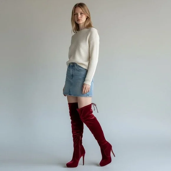 Bebe Giaa Velvet Burgundy Over The Knee Stiletto Heel Boots Size 8 Glam NWB‎