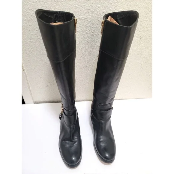 Michael Kors Womens Black Leather Knee-High Riding Boots With Gold MK Logo & Sid