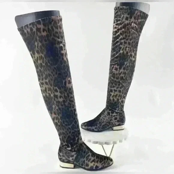 Size 6 NWT NIB Bamboo LEOPARD Print velvet Stardom OTK boot gold heel