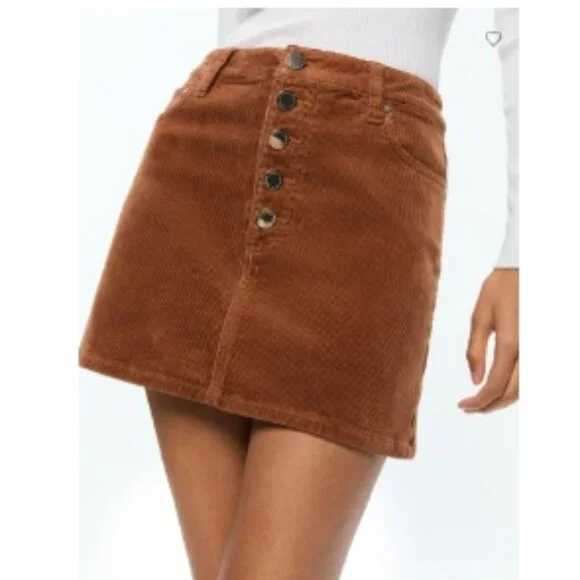 Alice + Olivia Joss High Rise Button Front Corduroy Skirt, Camel Brown | Size 27
