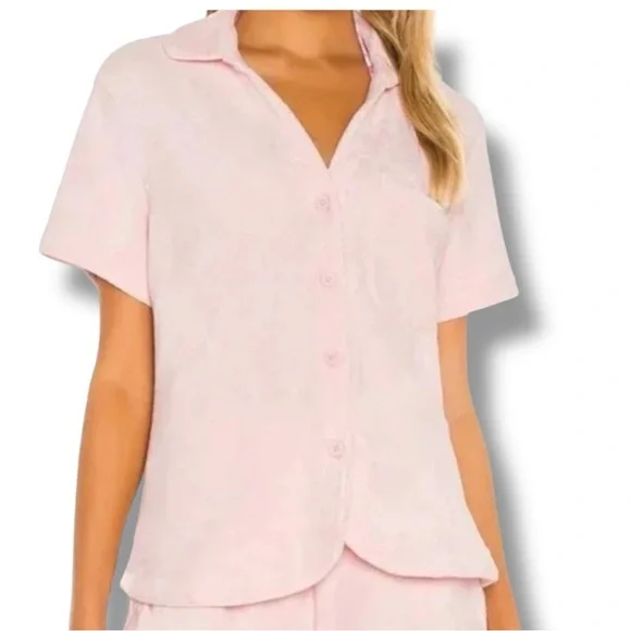 Frankies Bikinis Coco Terry Cloth Short Sleeve Swim Cover Shirt Pink M NWT