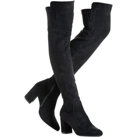 Women Black/3 Inch Heel Faux Suede Over The Knee Thigh High Low Block Heel Boot