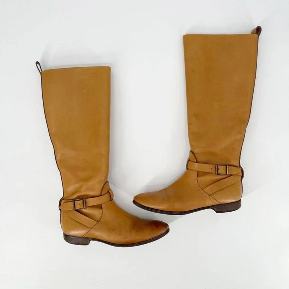 Etro‎ Leather Knee High Riding Boots US8 EU38 Camel Brown Buckle Strap Side Zip