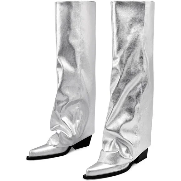 Women Silver Wide Calf Slouchy Shark Pointed Toe Fold Over Knee High Tall Boots