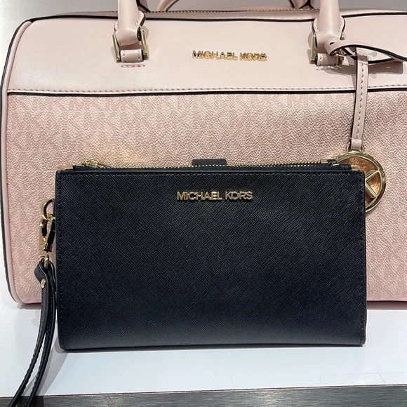 MICHAEL KORS LARGE DOUBLE ZIP WRISTLET WALLET PHONE CASE CLUTCH Black