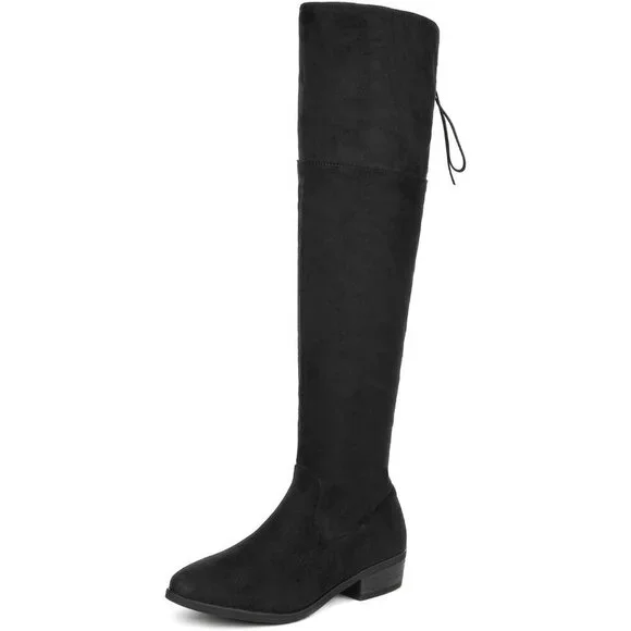 Women's Black Textile Over The Knee High Low Block Heel Pointed Toe Riding Boots