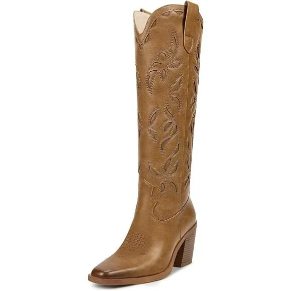 Women Knee Matte Brown Faux Leather Pull On Tab Chunky Heel Pointed Toe Boots