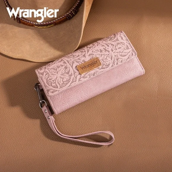 Wrangler Western Floral Tooled Tri-fold RFID Wallet/Wristlet Pink