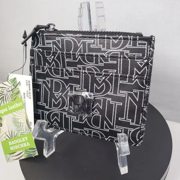 Badgley Mischka Black White Logo Monogram Mini Credit Card Holder Coin Wallet