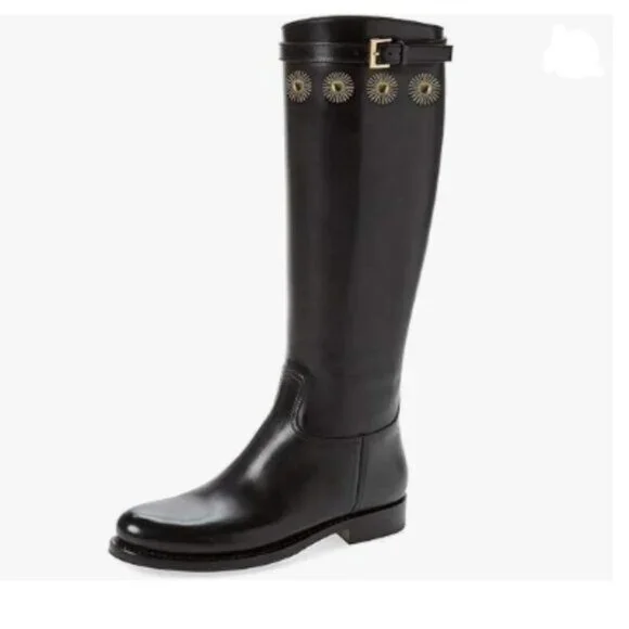 FSJ Black Round Toe Boots Comfort Rivets Low Chunky Heels Buckle Shoes
