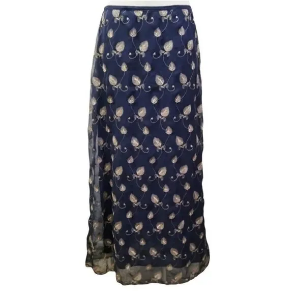 Vintage Express Skirt Women's Large Navy Blue Embroidered Leaves Fairy Witchy
