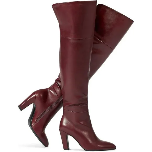 Women's Burgundy High Thigh Over the Knee Chunky, Side Zipper Calf Design Boot