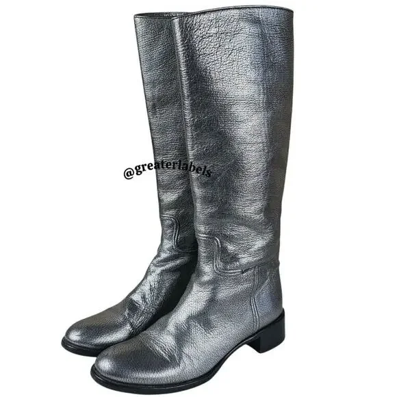 PRADA Pebbled Leather Knee-High Riding Boots Metallic Pewter Size 37.5