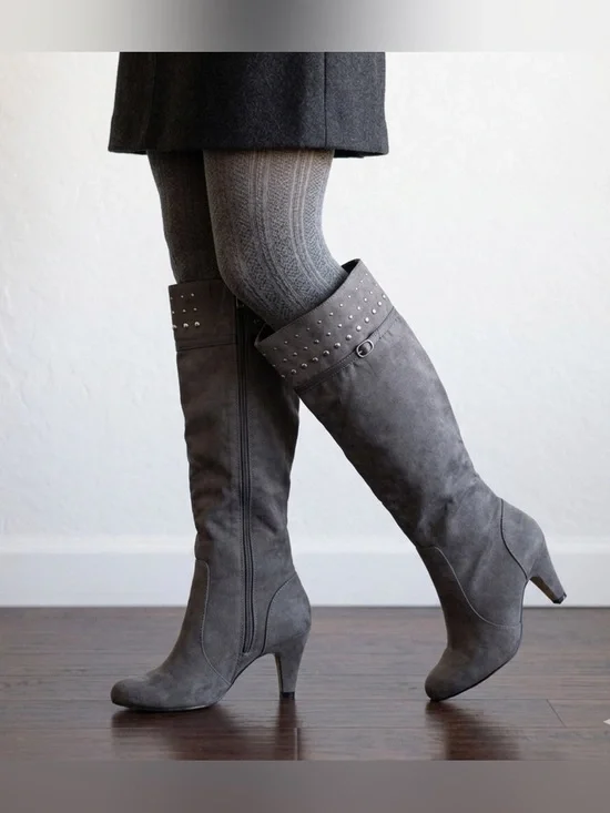 Bella Vita Gray Suede Studded Knee High Boots Heel. Size:7.5