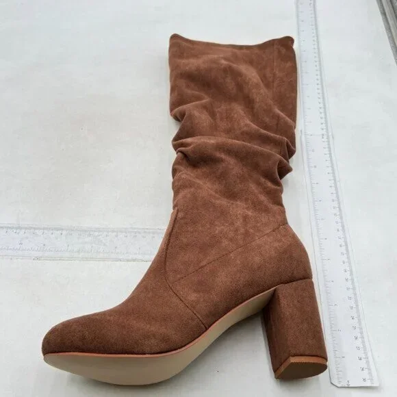 Women's Chunky Heel Knee High Boots Round Toe Tall Boots Block Heel Suede Boots