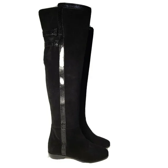 Michael Kors Womens boots OTK Over the Knee black Suede snake trim flat sz 7.5