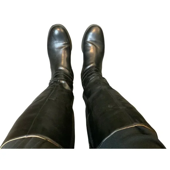 Womens Black Knee‎ High Boots Ribbed Knit Back Side Zip Buckle Detail Flat Heel