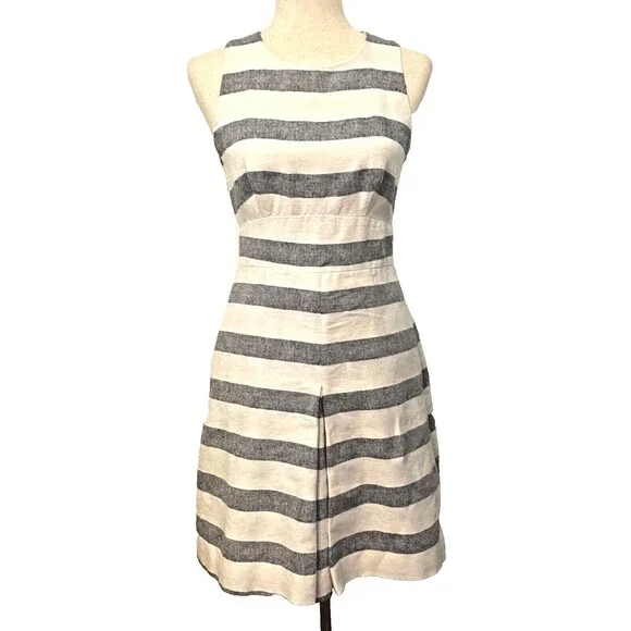 J. Crew Sleeveless Linen Cotton Dress Women's Size 2 White Black Striped Short