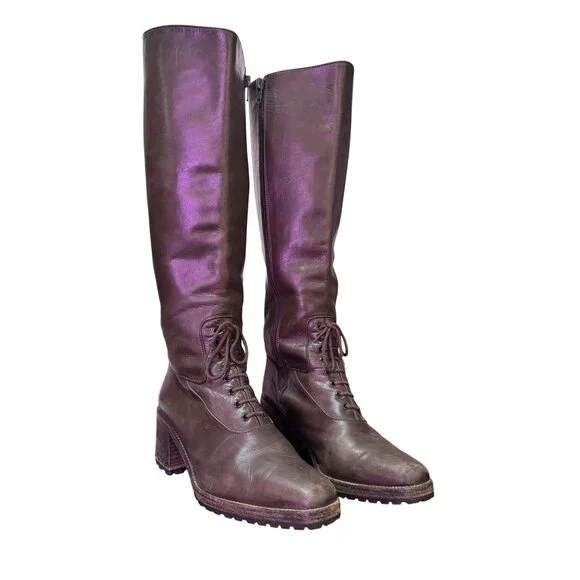 Armando Pollini Women's Brown Leather Zip&Tie Closure Block Heels Boots Size 39