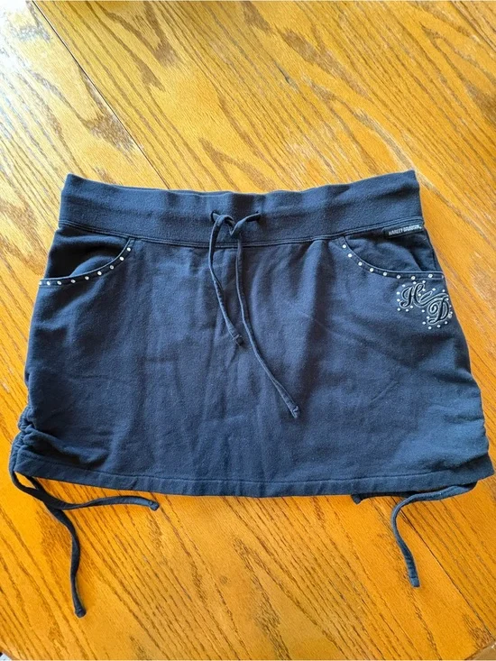 Harley-Davidson Black Drawstring Mini Skirt with Studded Pockets