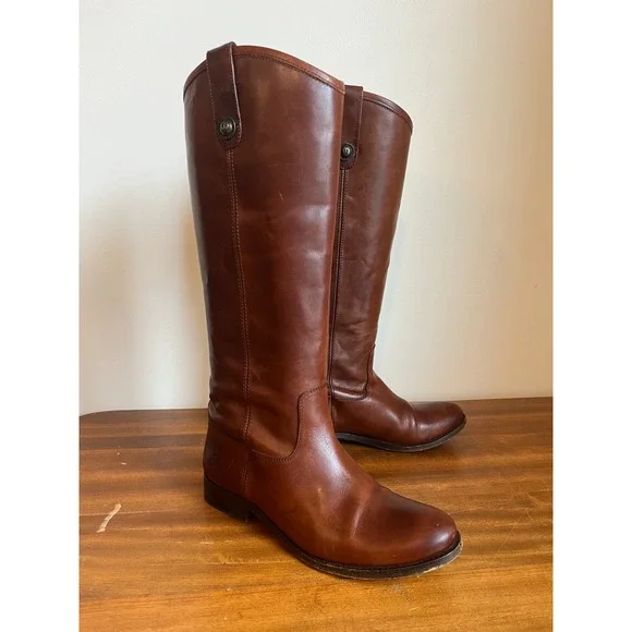 FRYE Melissa Lug Button Tall Riding Boots 77167 Brown Leather Side Zip W Size 7‎
