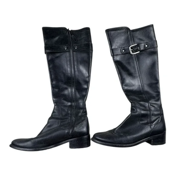 Black Leather Knee High Riding Boots Womens 8B Buckle Zip Made in‎ India