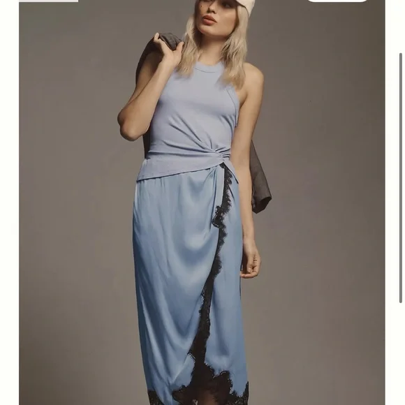 NWT Anthropologie Elegant Blue Skirt with Black Lace Trim