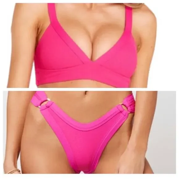 L*Space Bikini Swimwear Set Vera Top Anna Bottom Pink Ribbed Large NWT