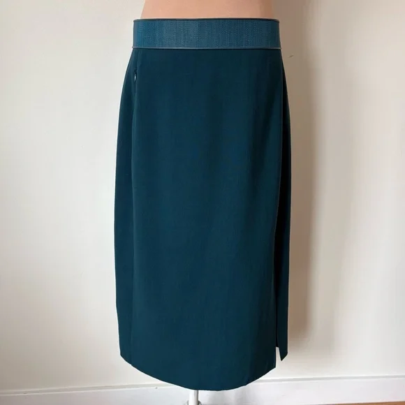 Akris Wool Teal Blue Leather Horsehair Trim Slit Front Midi Pencil Skirt EUC 10