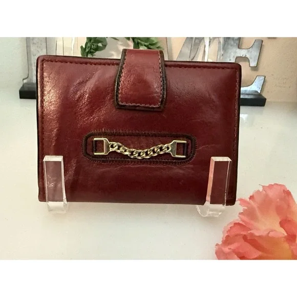 Vintage Princess Gardner‎ Burgundy Red Leather Bifold Wallet with Gold Chain GUC