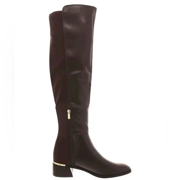 NWOB Calvin Klein Jotty Over The Knee Dress Boots Round Toe Brown Faux Leather 7