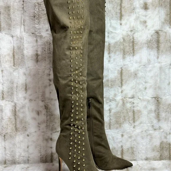 *So Me Olive Army Green Gold Stud Thigh High Heel Boots