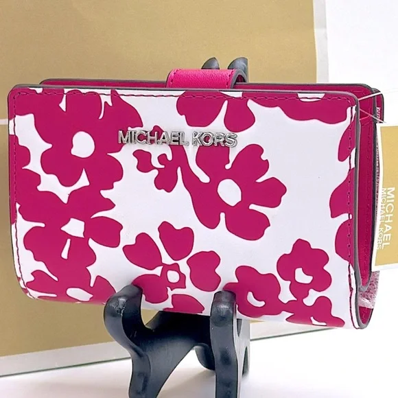 Michael Kors Jet Set Medium Floral Print Bi-Fold Wallet Dragonfruit NWT