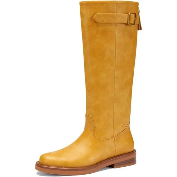 Women's Yellow Chunky Square Toe Tall Boots Low Heel Zipper Knee High Boots
