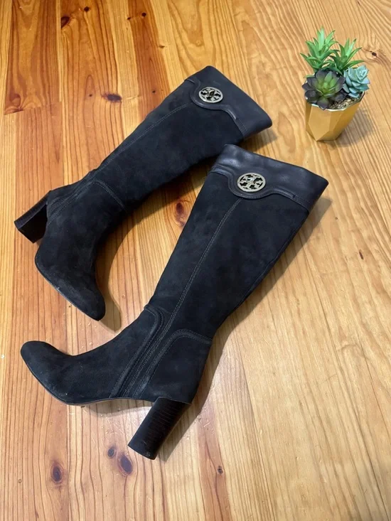 Tory Burch Selma Mid Heel Tall Riding Boots Womens SIZE 8.5M Brown Suede Leather