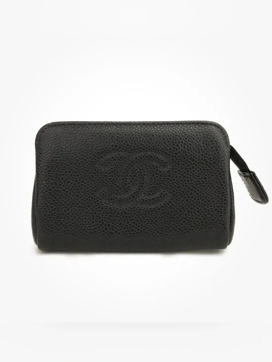 Authentic CHANEL Black Caviar Leather Zip Pouch Cosmetic Card Case