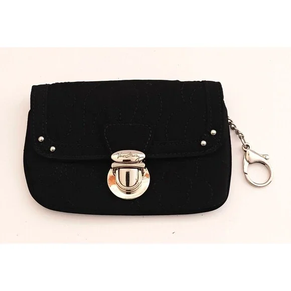Vera Bradley Blk Quilt Microfiber ID Wallet w Keyring Silver Pushlock 6X4