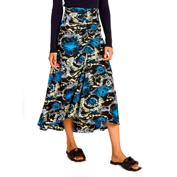 A.L.C. Mabelle Silk A-Line Midi Skirt Blue Black Abstract Floral