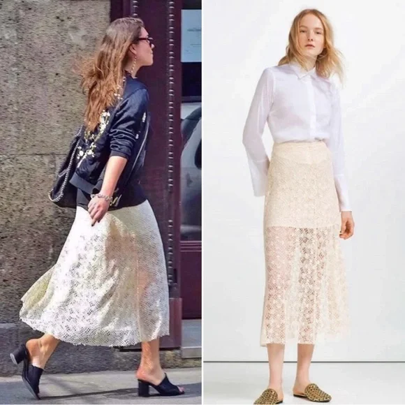 ZARA ECRU GUIPURE LACE LAYERED A-LINE LONG SKIRT bloggers favourite