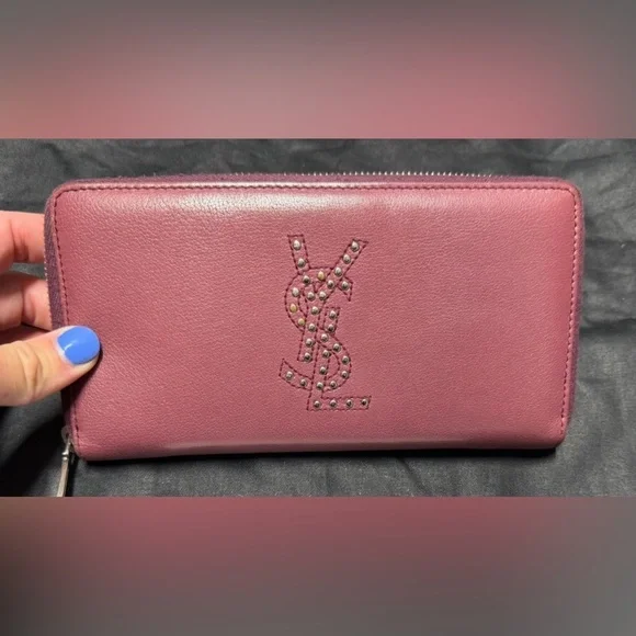 YSL pink Cassandra studded zip around wallet