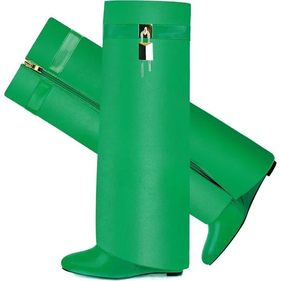 Women Faux Leather Green Pull-on Wedge Heel Knee Shark Padlock Design Boot