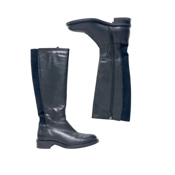 Aquatalia Black Leather Knee High Boots Side Zip‎ Stretch Panel Women Size 7