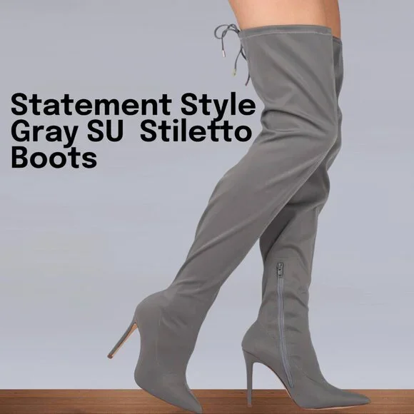 Pointed Toe Gray Over-the-Knee Stiletto Boots – Suede Finish Statement Style