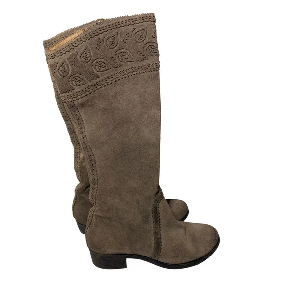 Nurture Tall Suede Boots Women 9.5M Brown Leather Embroidered Paisley‎ Boho Chic