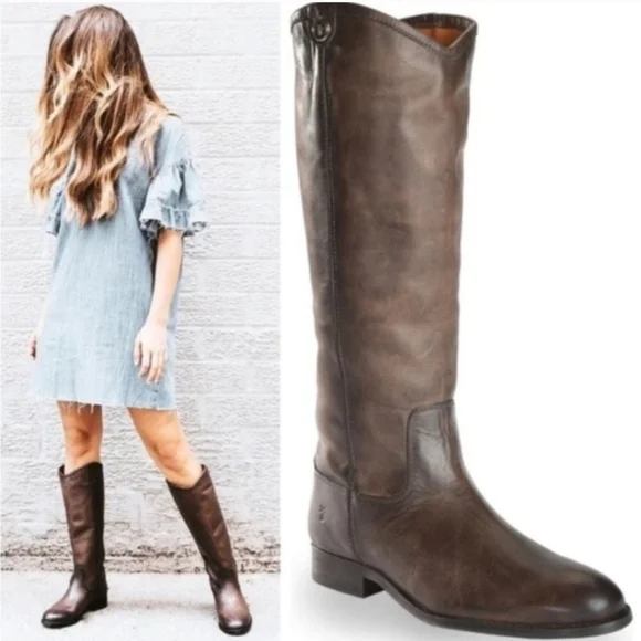 Frye Melissa Tall Western Riding Lug Boots Gray Leather Sz 6.5