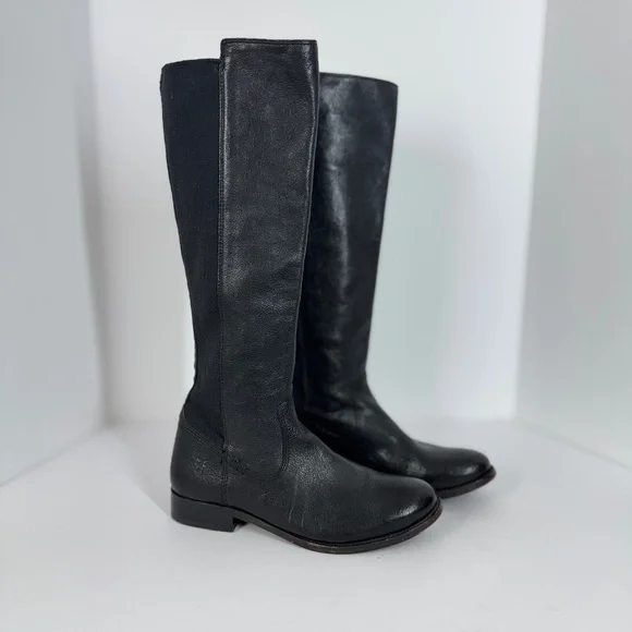Frye Black Leather Tall Riding Boots Stretch Back Panel Size 6.5B Equestrian