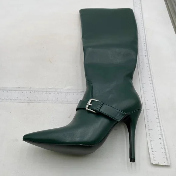 Green High Heel Knee High Boots Pointed Toe Ankle Buckle Side Zip Long Boots