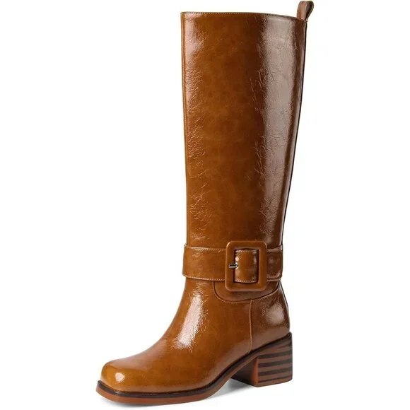 Women's B-brown Round Toe Wide Calf Chunky Low Heel Pull Knee High Boots Rubber
