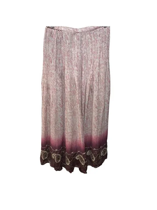 Soft Surroundings skirt Boho Tan Red Embroidered Sequins Peasant Flowy Maxi M