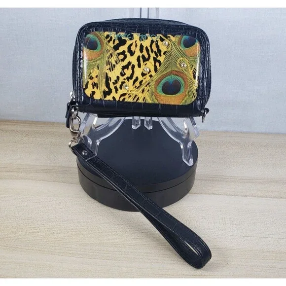 Debbie Brooks Black Peacock Animal Print Rhinestone Wristlet Wallet Phone Case